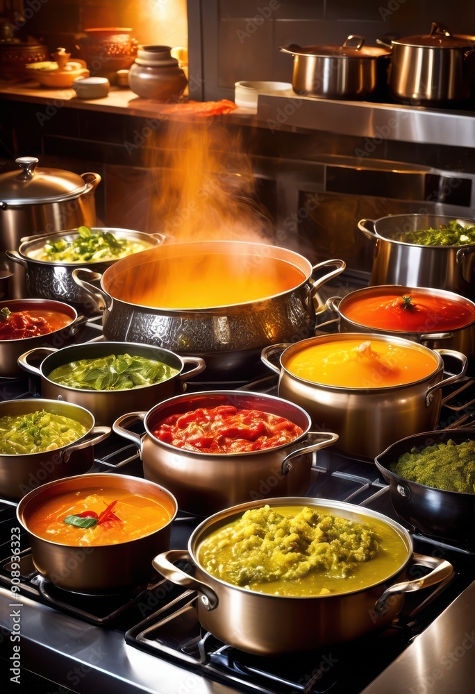 vibrant scene simmering sauces colorful pots rich textures steam creating inviting culinary atmosphere, cooking, kitchen, herbs, spices, aroma, heat, liquid vibrant scene simmering sauces colorful pots rich textures steam creating inviting culinary atmosphere, cooking, kitchen, herbs, spices, aroma, heat, liquid