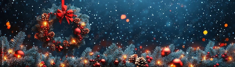 Magical Christmas wreath adorned with ornaments and snowflakes, creating a festive winter atmosphere for holiday celebrations. Magical Christmas wreath adorned with ornaments and snowflakes, creating a festive winter atmosphere for holiday celebrations.