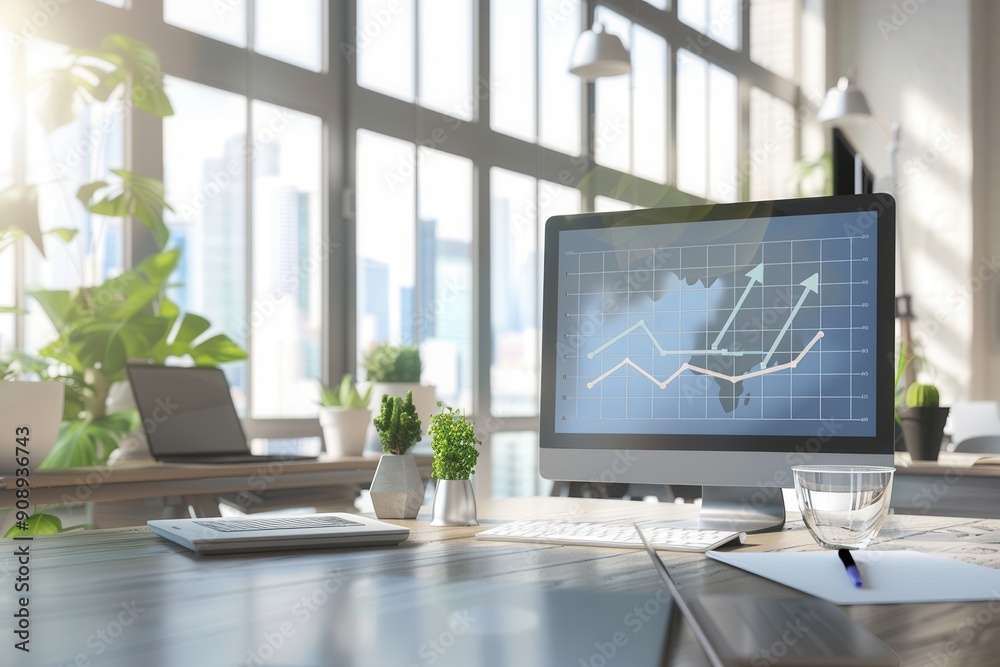 custom made wallpaper toronto digitalNatural light floods a modern office with greenery, showcasing a computer screen displaying growth trends against the city's skyline. Generative AI