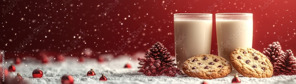 Two glasses of milk with chocolate chip cookies and festive decorations on a snowy table, perfect for the holiday season. Two glasses of milk with chocolate chip cookies and festive decorations on a snowy table, perfect for the holiday season.