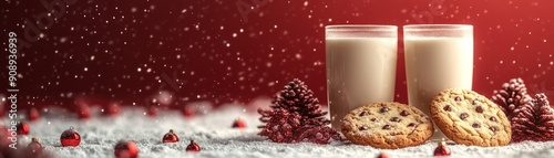 Two glasses of milk with chocolate chip cookies and festive decorations on a snowy table, perfect for the holiday season.