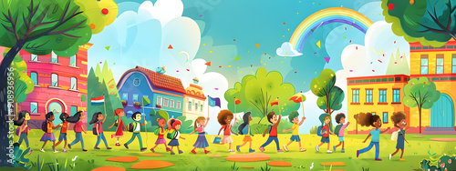 A colorful cartoon illustration of happy school children walking to the first day at their new primary school