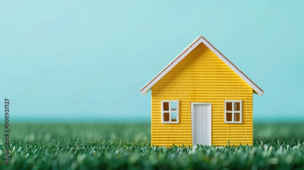 Minimalist and modern yellow house nestled in a picturesque grassy field symbolizing the security and protection of property and assets through homeowner s insurance and financial planning Minimalist and modern yellow house nestled in a picturesque grassy field symbolizing the security and protection of property and assets through homeowner s insurance and financial planning