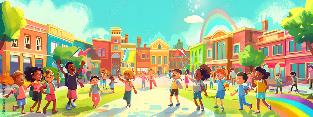 A colorful cartoon illustration of happy school children walking to the first day at their new primary school A colorful cartoon illustration of happy school children walking to the first day at their new primary school