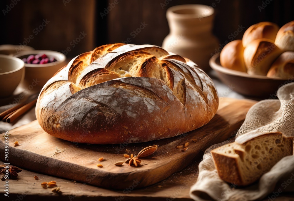 artisan handcrafted bread unique texture displayed rustic wooden platter, loaf, crust, grain, flour, yeast, oven, baking, culinary, delicious, homemade