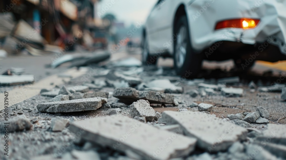 Aftermath scene of a car accident on an urban street with debris damaged vehicles and a deep depth of field creating a blurred dramatic background Concept of accident insurance personal injury Aftermath scene of a car accident on an urban street with debris damaged vehicles and a deep depth of field creating a blurred dramatic background Concept of accident insurance personal injury