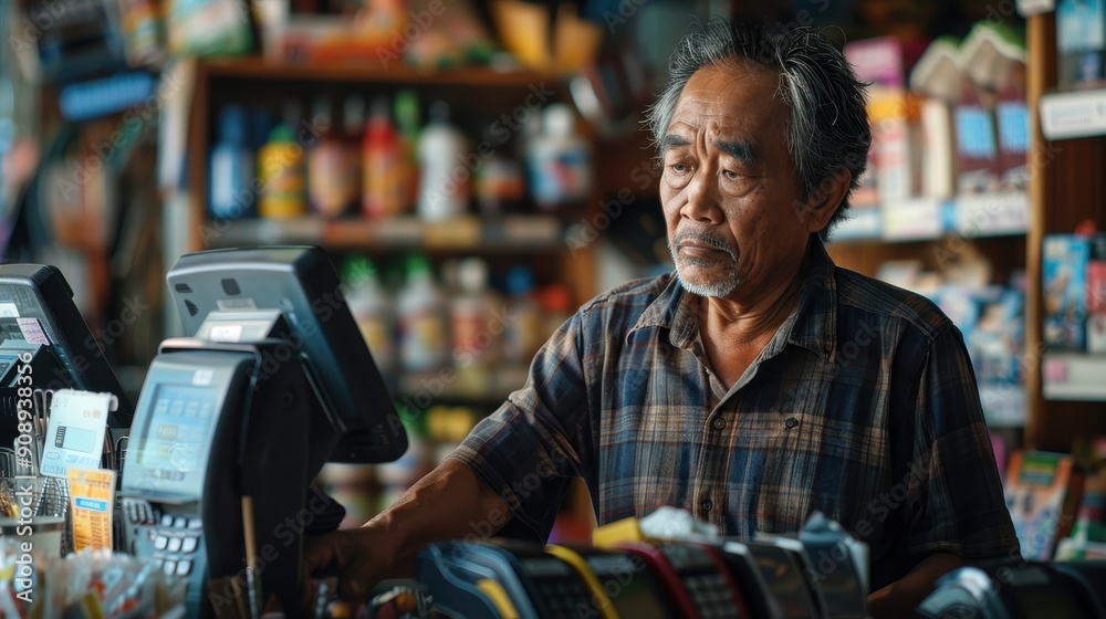 An elderly man manages transactions at a local shop surrounded by various products An elderly man manages transactions at a local shop surrounded by various products