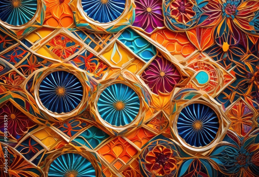 Obraz premium colorful vibrant elements arranged imaginative creative layout unique patterns designs, arrangement, shape, hue, texture, visual, art, composition, style