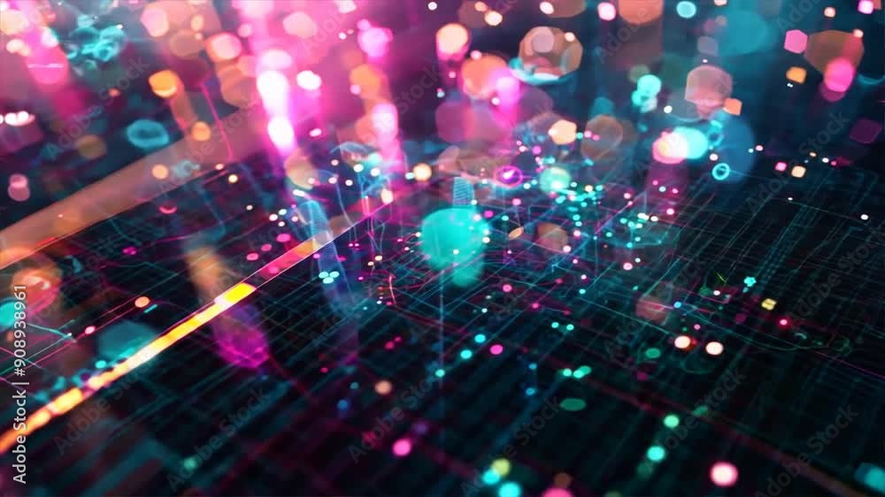 Brightly colored digital particles moving through a futuristic grid Brightly colored digital particles moving through a futuristic grid