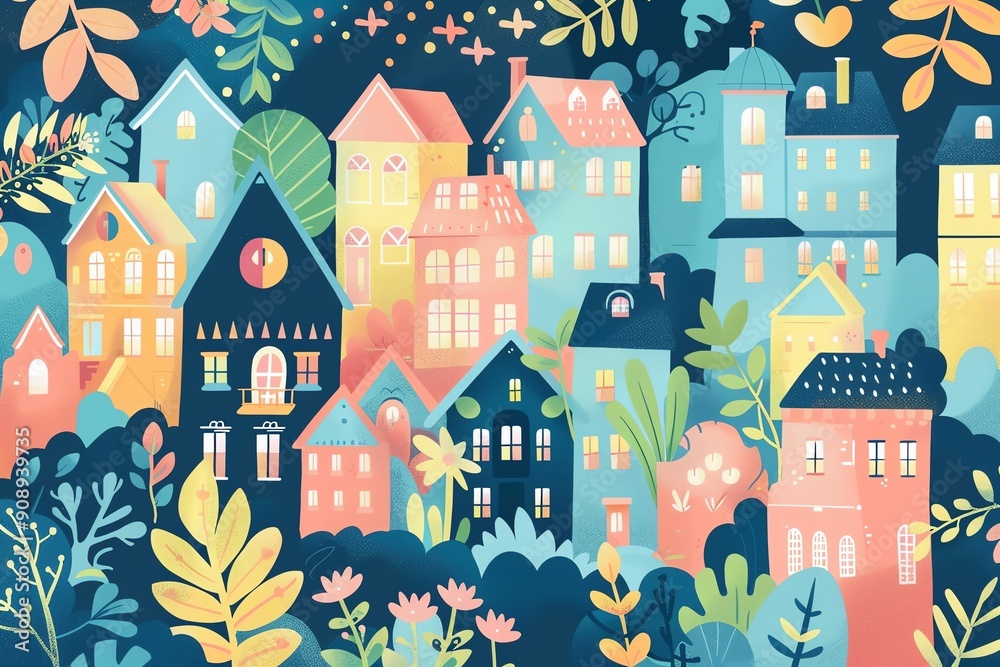 Fantasy landscape adorned with tiny houses, architectural blueprints, and flourishing plants, flat design illustration