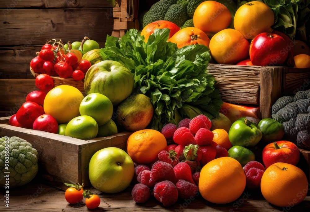 vibrant display fresh produce arranged rustic timber surface showcasing variety colorful fruits vegetables, organic, market, harvest, natural, healthy