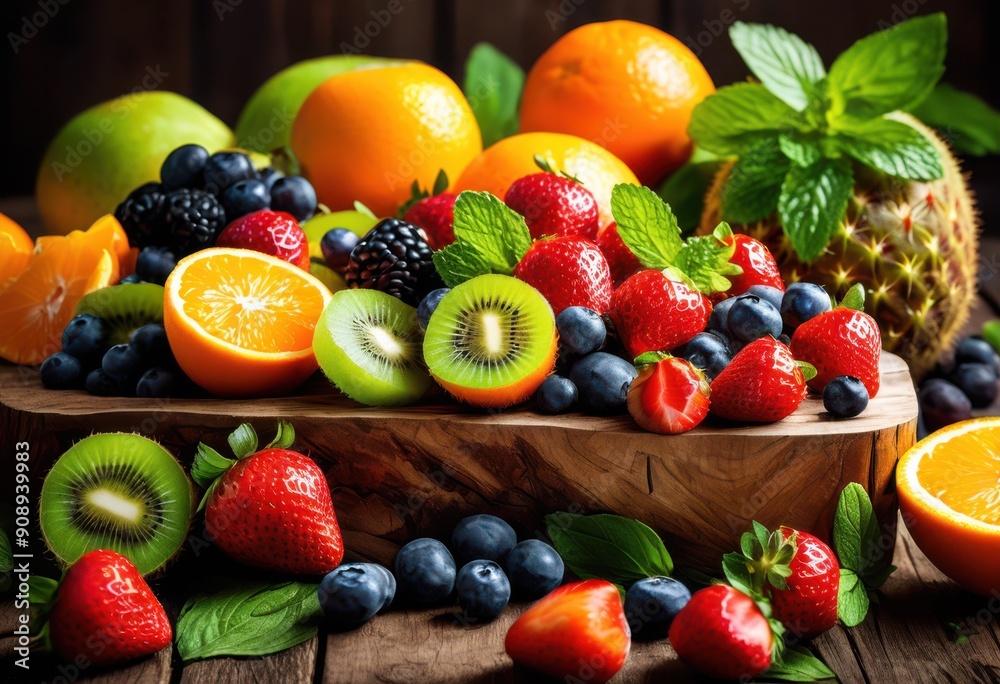 vibrant arrangement fresh fruits herbs showcasing colorful varieties natural textures, berries, citrus, apples, bananas, grapes, vegetables, greens vibrant arrangement fresh fruits herbs showcasing colorful varieties natural textures, berries, citrus, apples, bananas, grapes, vegetables, greens