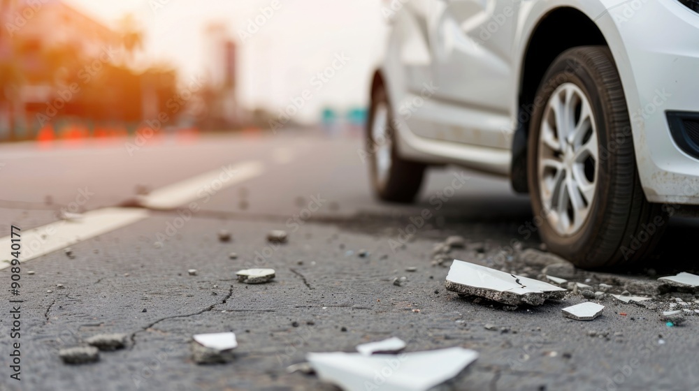 Detailed view of car accident damage and debris on the pavement highlighting the depth of field and the complex insurance claim dispute process involved in addressing such incidents Detailed view of car accident damage and debris on the pavement highlighting the depth of field and the complex insurance claim dispute process involved in addressing such incidents