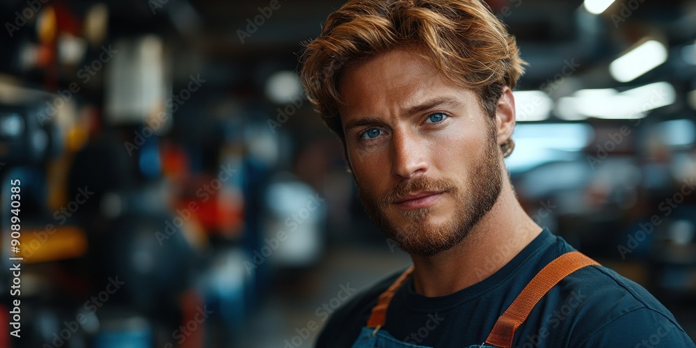 A focused mechanic stands in a garage surrounded by tools and equipment A focused mechanic stands in a garage surrounded by tools and equipment