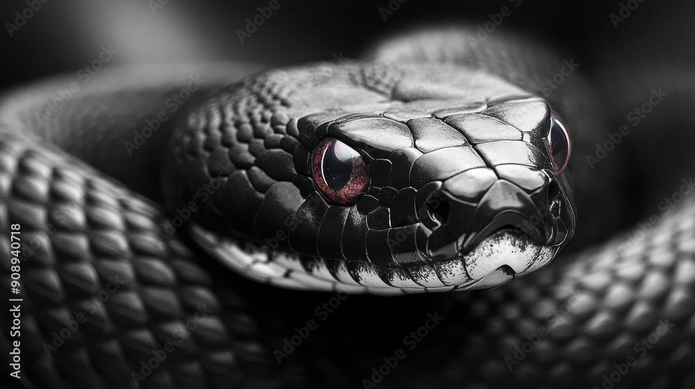 Fototapeta premium A black snake displays its textured scales and vivid red eyes while coiled in the wild