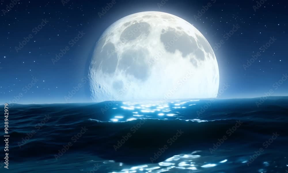 A moonlit night over the ocean with a giant, glowing full moon casting silver light on the gentle wave A moonlit night over the ocean with a giant, glowing full moon casting silver light on the gentle wave