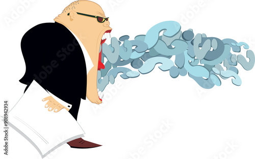 Too much questions. Question mark. Shouting man.
A lot of question marks flying away from the mouth of the man. Concept. Isolated on white background
