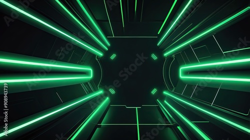 Futuristic perforated technology abstract background with green neon glowing lines