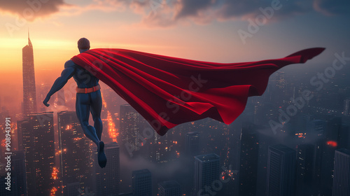 A heroic 3D superhero with a flowing cape and emblem, soaring through a city skyline at dusk with glowing lights, the atmosphere is inspiring and dynamic with a sense of heroism, cinematic