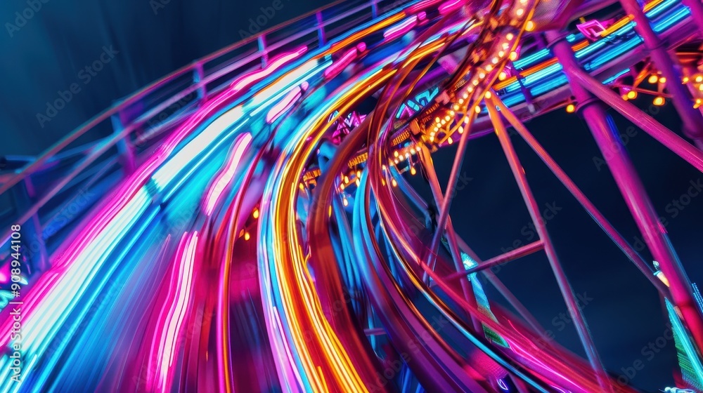 Thrilling High-Speed Roller Coaster Ride with Neon Lights Revealing Dynamic Motion on Glossy Tracks Thrilling High-Speed Roller Coaster Ride with Neon Lights Revealing Dynamic Motion on Glossy Tracks