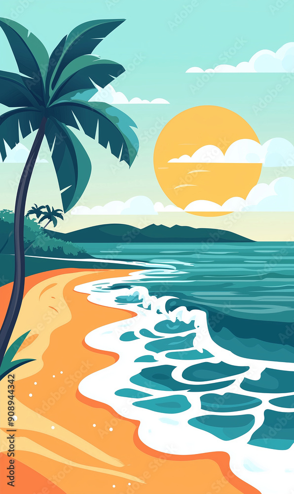 A vibrant beach illustration with a tall palm tree, golden sand, and turquoise waves gently hitting the shore. A vibrant beach illustration with a tall palm tree, golden sand, and turquoise waves gently hitting the shore.