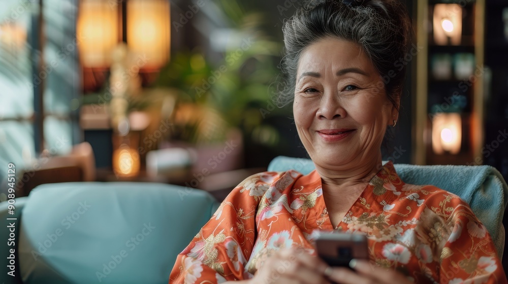 A cheerful elderly woman enjoying her smartphone in a warm and inviting living space A cheerful elderly woman enjoying her smartphone in a warm and inviting living space