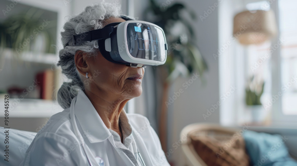 Elderly woman experiencing virtual reality through a VR headset while sitting in a cozy, modern living room. Elderly woman experiencing virtual reality through a VR headset while sitting in a cozy, modern living room.