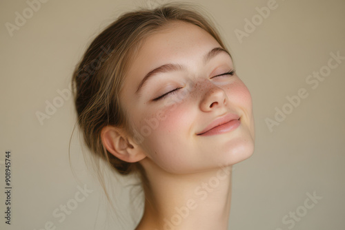 A close up of a girl's face with her eyes closed