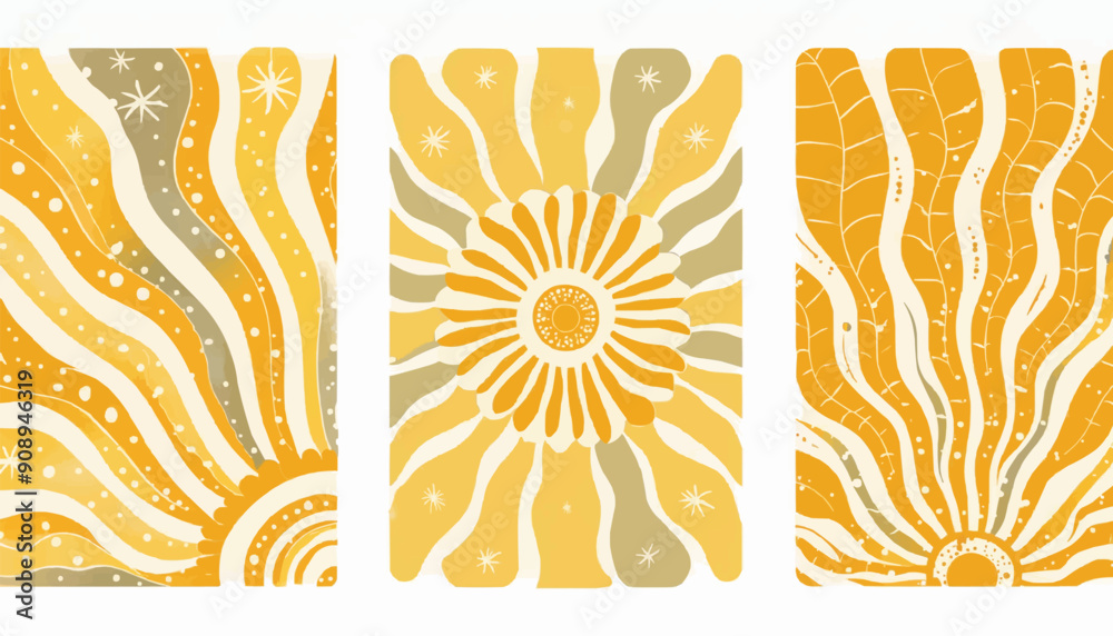 Vertical retro groovy background with bright sunburst in style 60s, 70s. Trendy colorful graphic print. Vector illustration