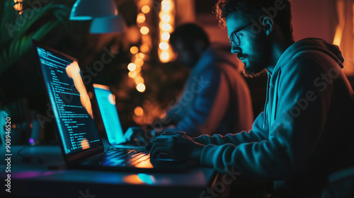 Coding Into the Night: Focused developer illuminated by laptop screen, working late in dimly lit room, embodying dedication and passion for technology. 