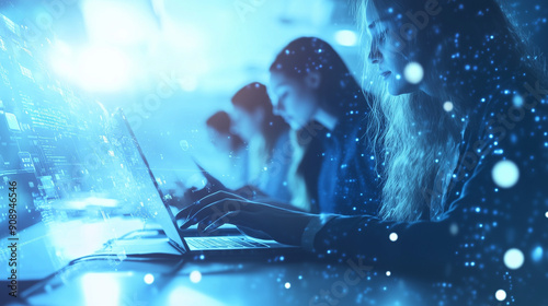 Digital Dream Team: A trio of tech-savvy women collaborate on a project, their laptops glowing with digital data and possibilities, creating a sense of innovation and teamwork.  