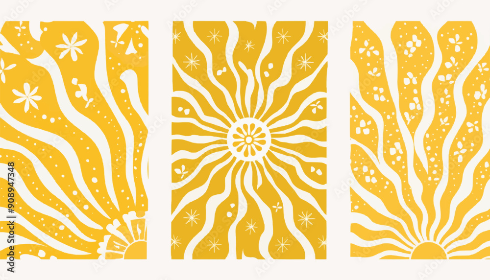 Obraz premium Vertical retro groovy background with bright sunburst in style 60s, 70s. Trendy colorful graphic print. Vector illustration