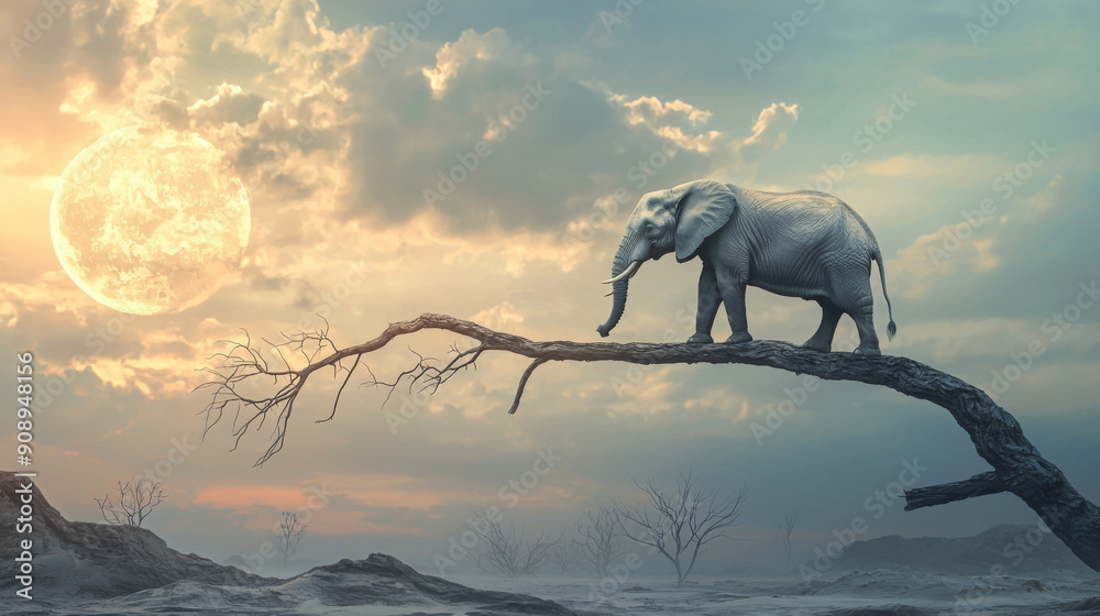 Fototapeta premium A white elephant is standing on a branch in front of a full moon