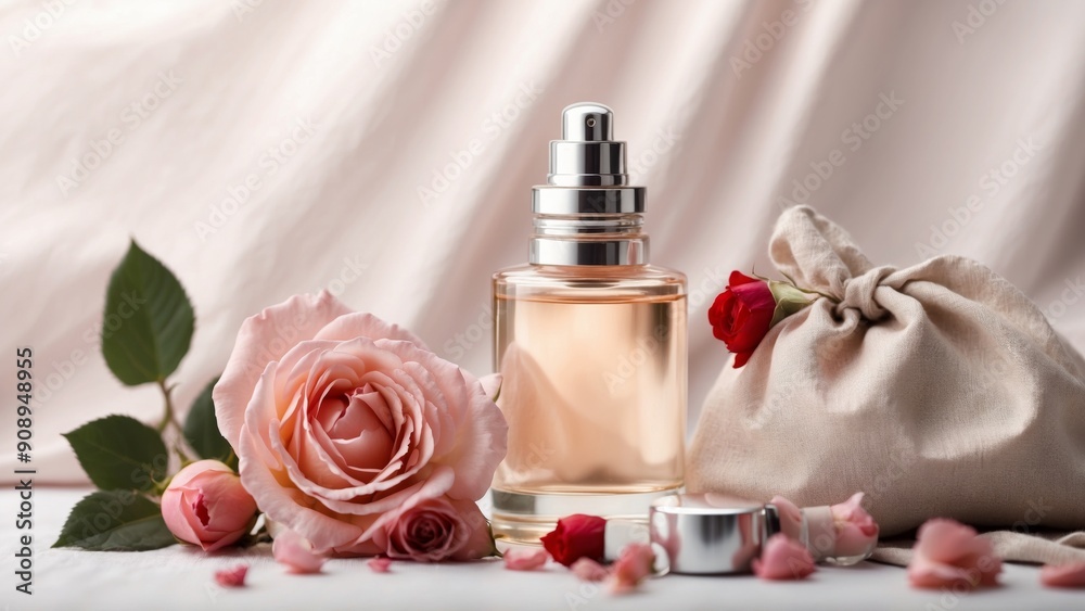A bottle of perfume with roses on a draped fabric background A bottle of perfume with roses on a draped fabric background