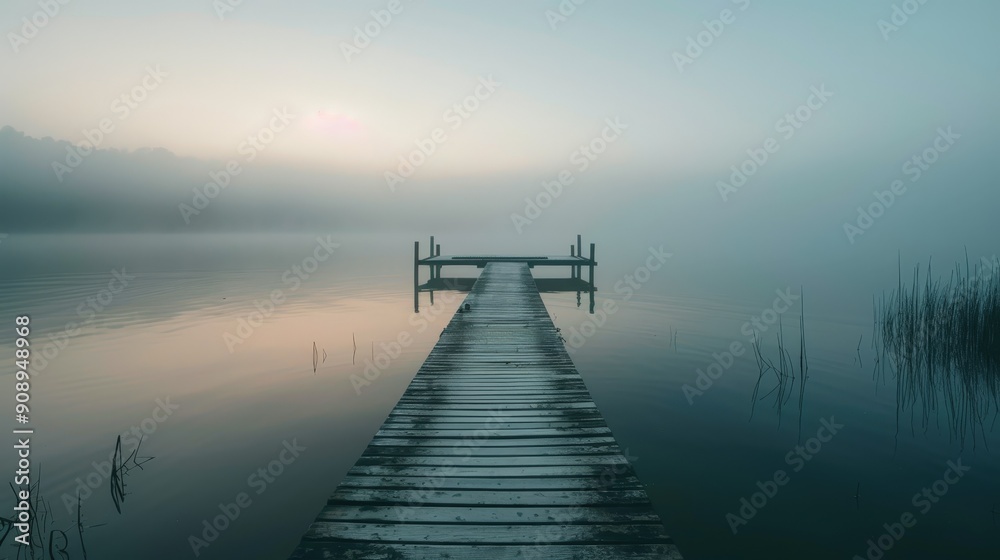 Fototapeta premium Misty Morning Over Calm Water With Wooden Dock Reflecting Soft Light
