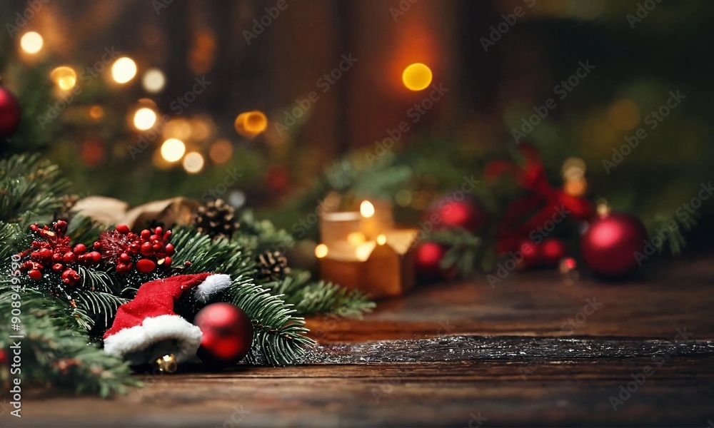 Christmas fir tree branches with toys on paper background with copy space Christmas fir tree branches with toys on paper background with copy space