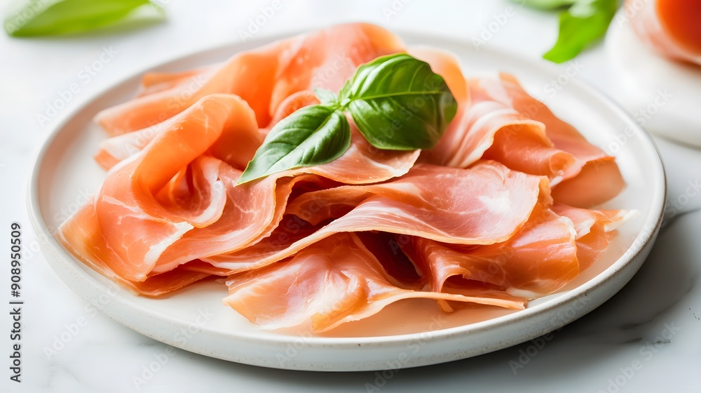 A plate of thinly sliced prosciutto ham arranged in delicate folds, garnished with fresh green basil leaves, on a white porcelain plate, placed on a white marble table surface. A plate of thinly sliced prosciutto ham arranged in delicate folds, garnished with fresh green basil leaves, on a white porcelain plate, placed on a white marble table surface.