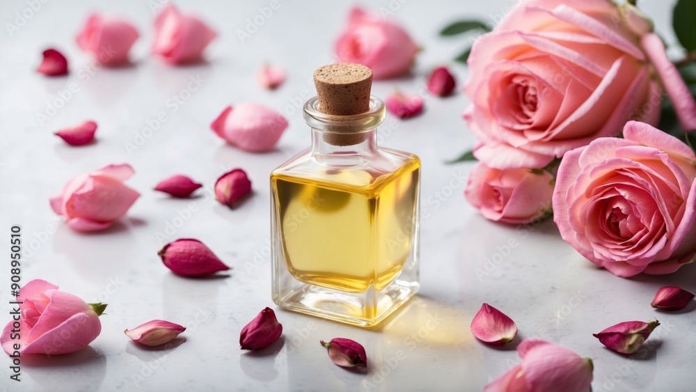 A bottle of rose-scented oil amidst scattered rose petals A bottle of rose-scented oil amidst scattered rose petals