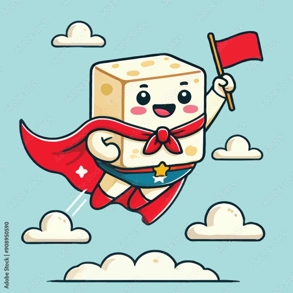 Fototapeta premium Cartoon of a superhero tofu character flying through the sky celebrating National Tofu Day