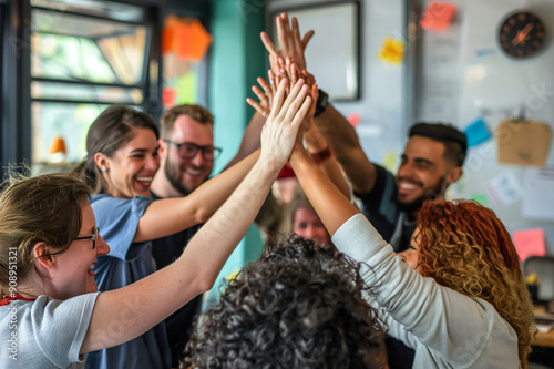 Diverse team of colleagues is enjoying a moment of success giving a high five together