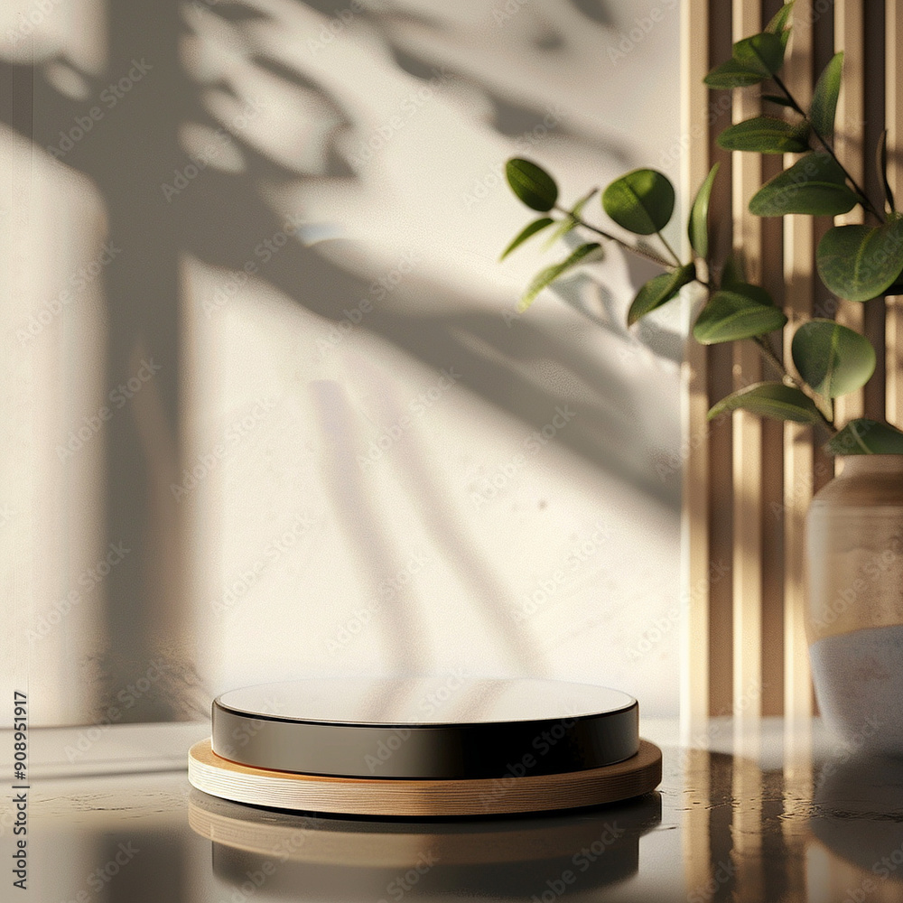 interior of a modern house with close up product display podium interior of a modern house with close up product display podium