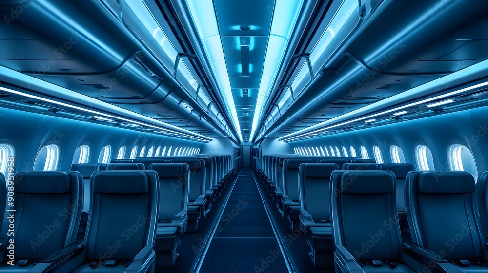 Airplane interior, empty cabin, symmetrical rows of grey seats, central aisle perspective, overhead compartments, fluorescent lighting, blue-tinted atmosphere, modern aircraft design. Airplane interior, empty cabin, symmetrical rows of grey seats, central aisle perspective, overhead compartments, fluorescent lighting, blue-tinted atmosphere, modern aircraft design.