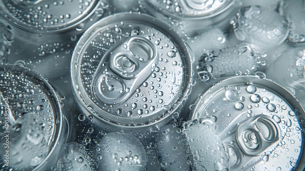 Aluminum soda cans, top view, condensation droplets, ice cubes, silver metallic texture, cold beverage, macro photography, high detail, crisp focus, commercial product shot. Aluminum soda cans, top view, condensation droplets, ice cubes, silver metallic texture, cold beverage, macro photography, high detail, crisp focus, commercial product shot.