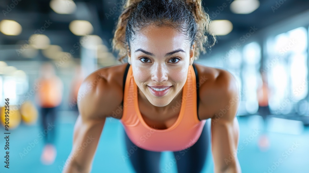 Young woman in sportswear doing a plank exercise at a gym, smiling and looking at the camera, fitness and strength training concept. Young woman in sportswear doing a plank exercise at a gym, smiling and looking at the camera, fitness and strength training concept.