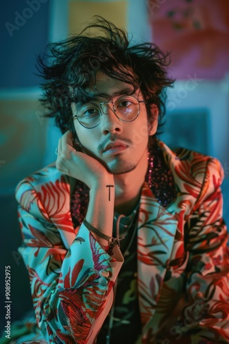 Pensive Man with Glasses in Colorful Floral Jacket and Messy Hair photo