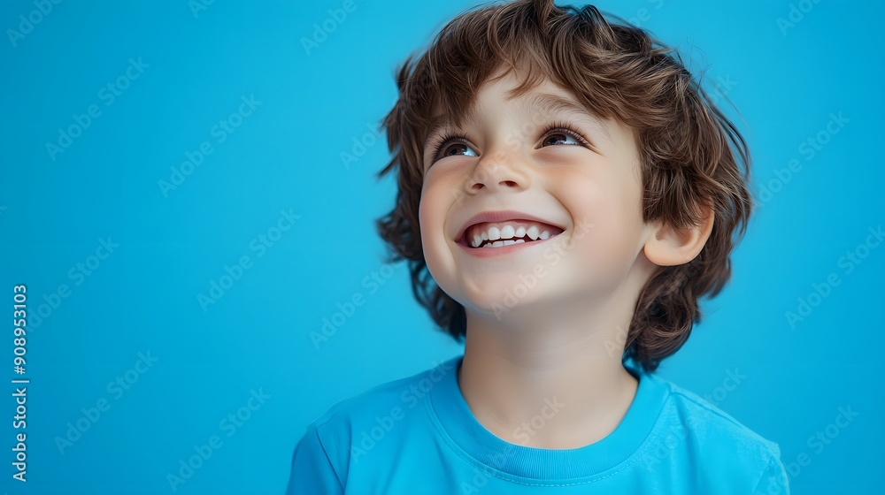 Cheerful young boy smiling, looking up, messy brown hair, wearing blue t-shirt, light blue background, portrait photography, candid expression, childhood innocence. Cheerful young boy smiling, looking up, messy brown hair, wearing blue t-shirt, light blue background, portrait photography, candid expression, childhood innocence.