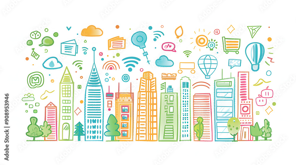 A simple drawing of smart city buildings in the style of digitalism cartoon style A simple drawing of smart city buildings in the style of digitalism cartoon style
