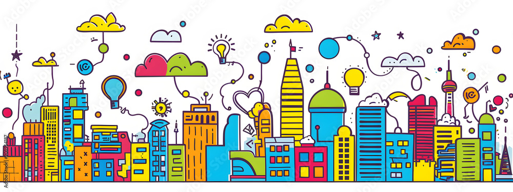 A simple drawing of smart city buildings in the style of digitalism cartoon style A simple drawing of smart city buildings in the style of digitalism cartoon style