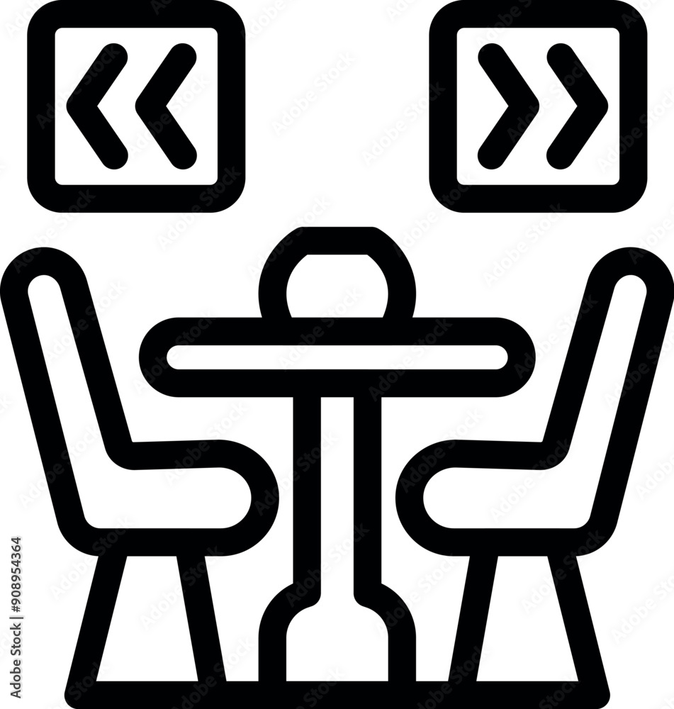 Minimalist line icon of a modern office interior with a table and two chairs facing each other, suggesting a business meeting or a collaborative workspace