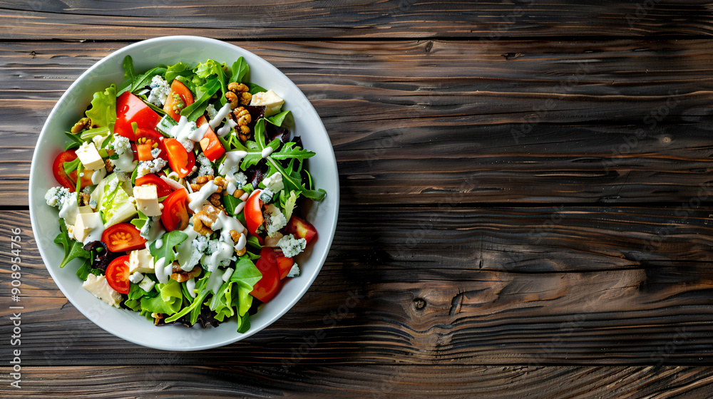 Delicious and healthy salad is served in a white bowl placed on a rustic wooden table, perfect for a light lunch or dinner Delicious and healthy salad is served in a white bowl placed on a rustic wooden table, perfect for a light lunch or dinner